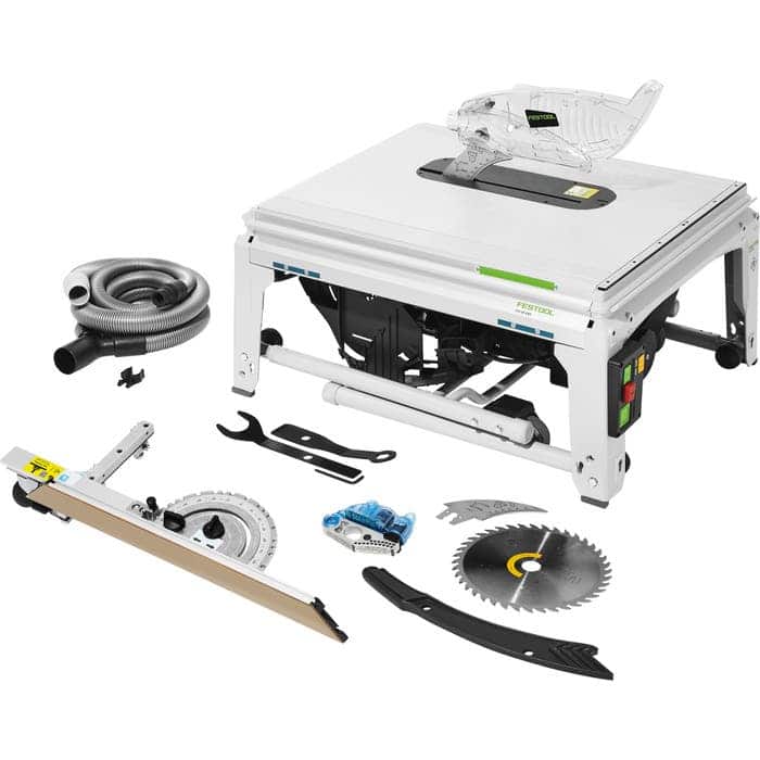 Festool TKS 80 EBS table saw on white background with dust extraction hose, saw blade, push stick, and riving knife