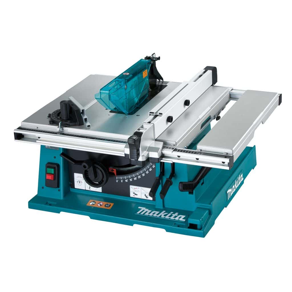 Makita 2704N table saw on white background fully set up with fences and blade