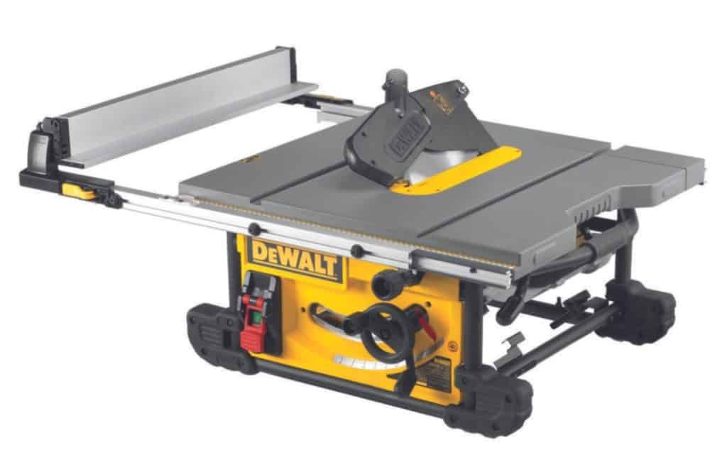 DeWalt DWE7491-XE table saw angled on white background showing saw blade and rip fence