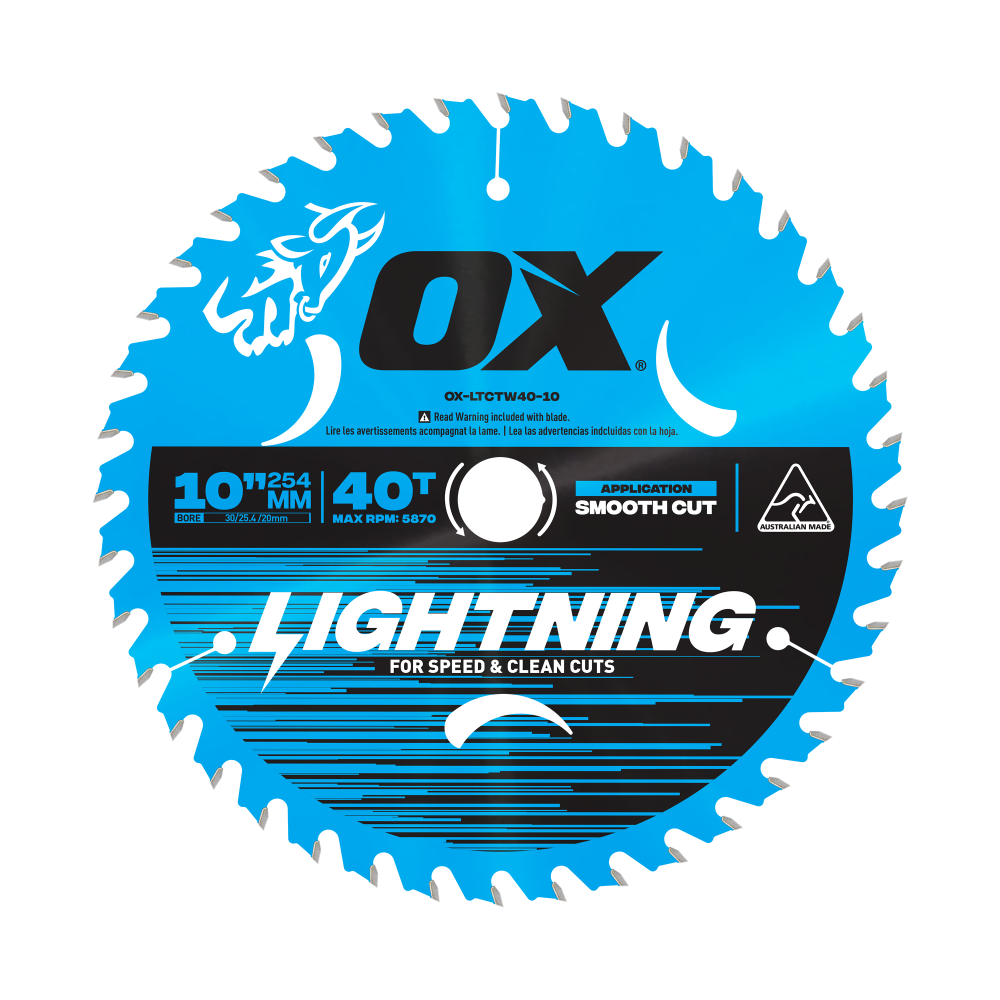 OX Tools Pro Lightning professional table saw blade with blue finish on white background