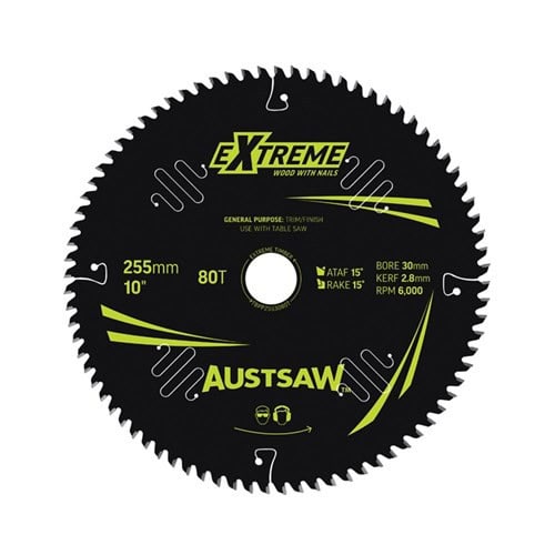 AUSTSAW Extreme Wood With Nails 255mm 80T carbide table saw blade on white background